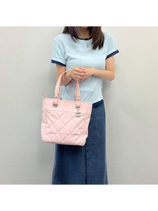 Chanel Handbags - Chanel Paris Biarritz PM Here Charm Quilted Tote Shoulder Bag Canvas Pink